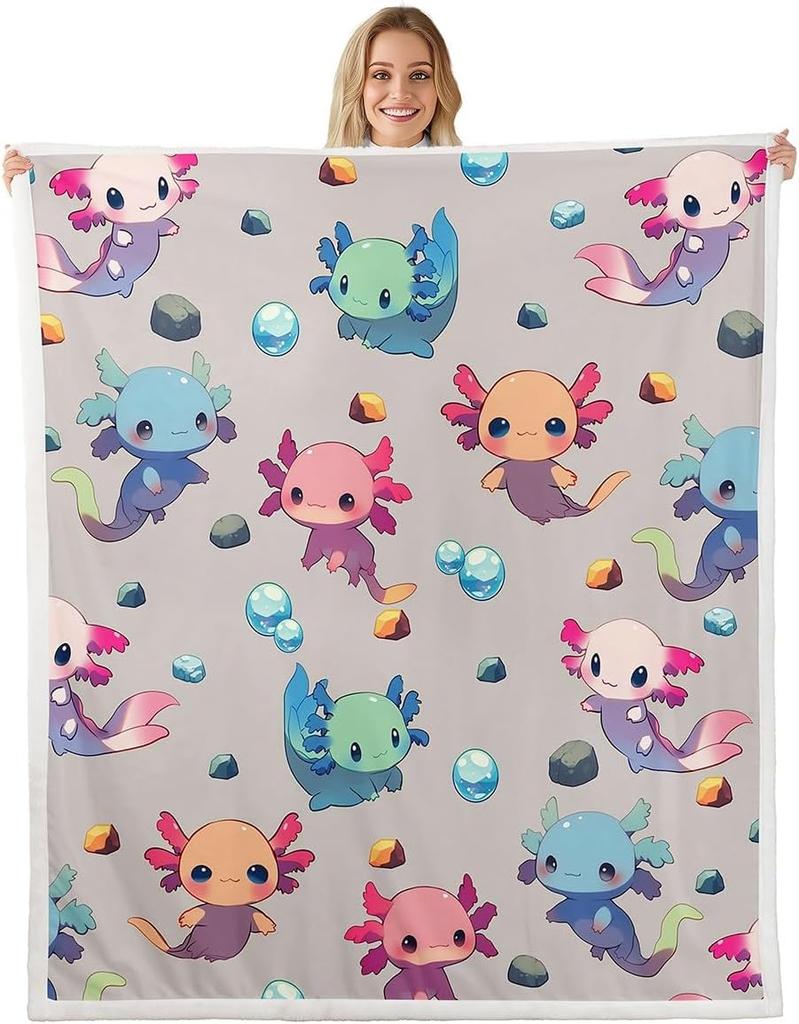 Cute Pink Axolotl Blanket Soft Fleece Throw Cherry Blossom Design Fantasy Art Kids Room Decor