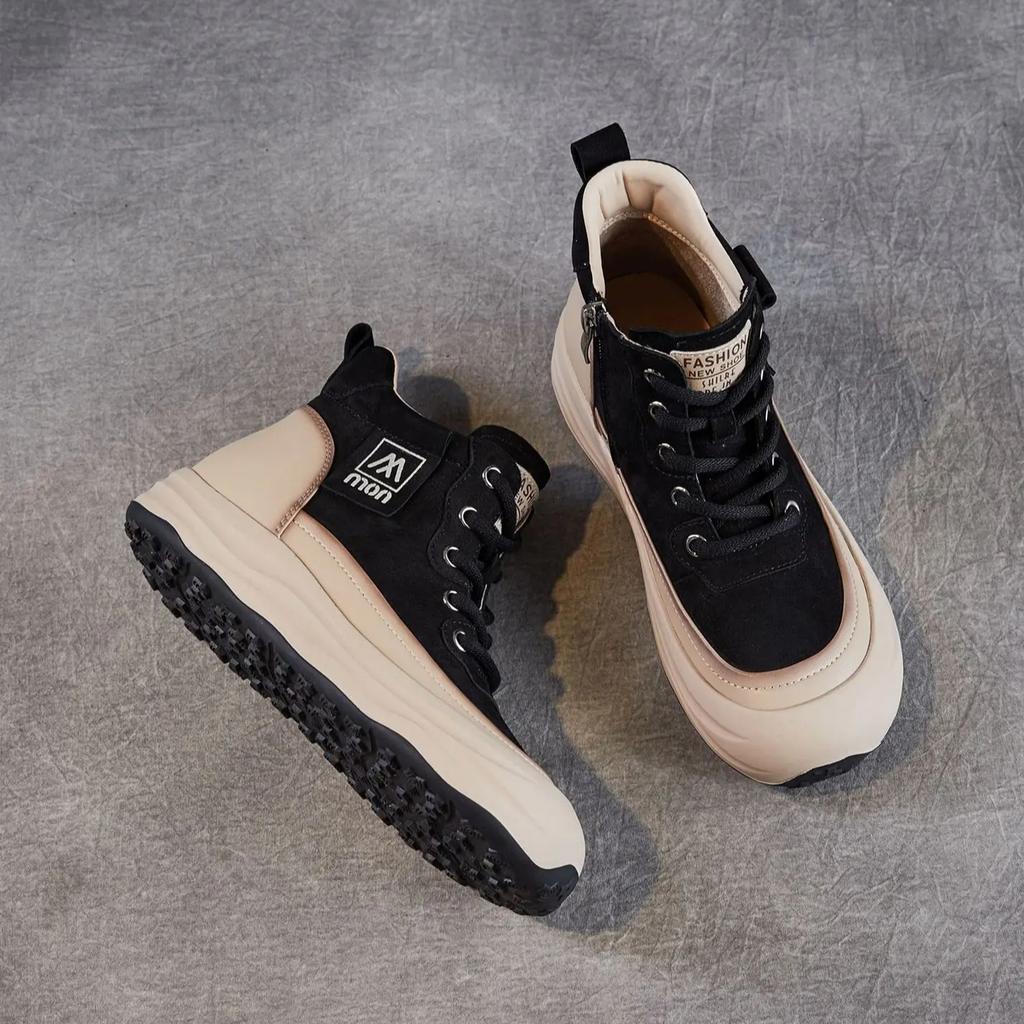 Johnature Ботильоны из натуральной кожи на толстой подошве в стиле ретро с боковой молнией, повседневные женские туфли на плоской платформе со шнуровкой