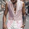 INCERUN Men Lapel Sleeveless Buttons Striped Transparent Mesh Sheer Waistcoats