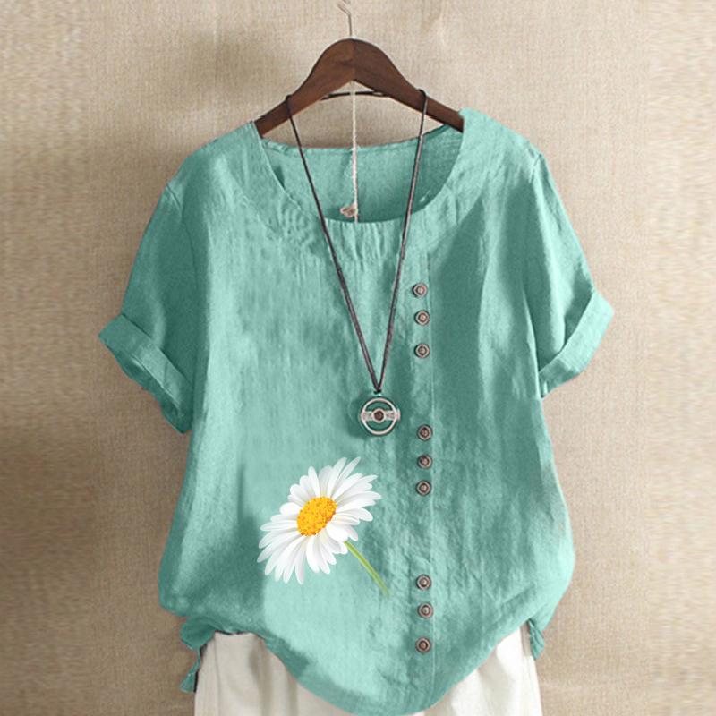 Women's New Fashion Linen Shirt Round Neck Short Sleeve Flower Printed T-shirt Summer Ladies Casual Plus Size Blouse Tops