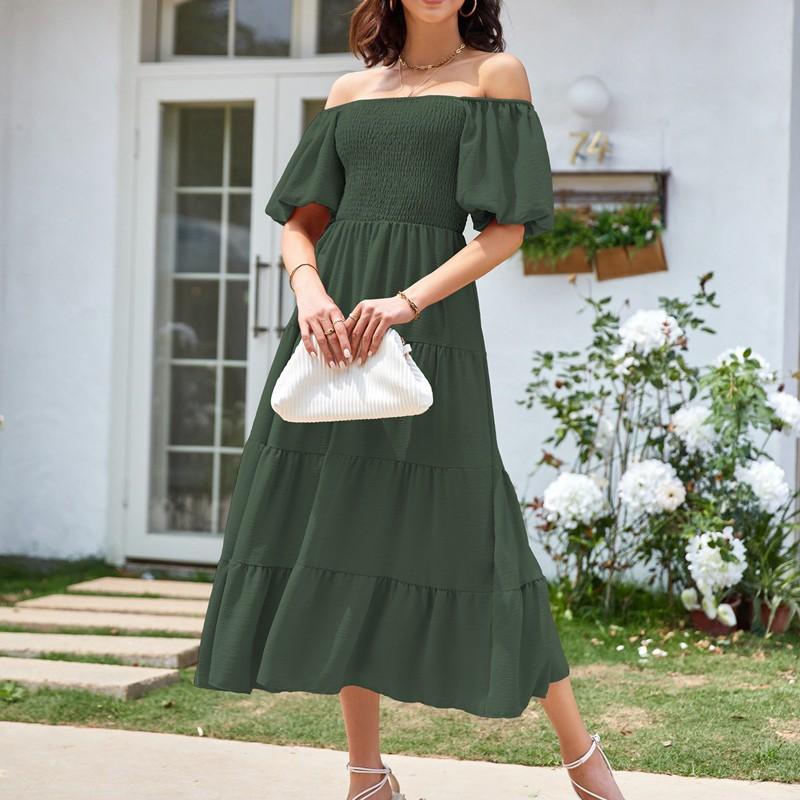 Women's Fashion Solid Colour Square Neck Backless Bubble Sleeve Pleated Short Sleeve Dresses