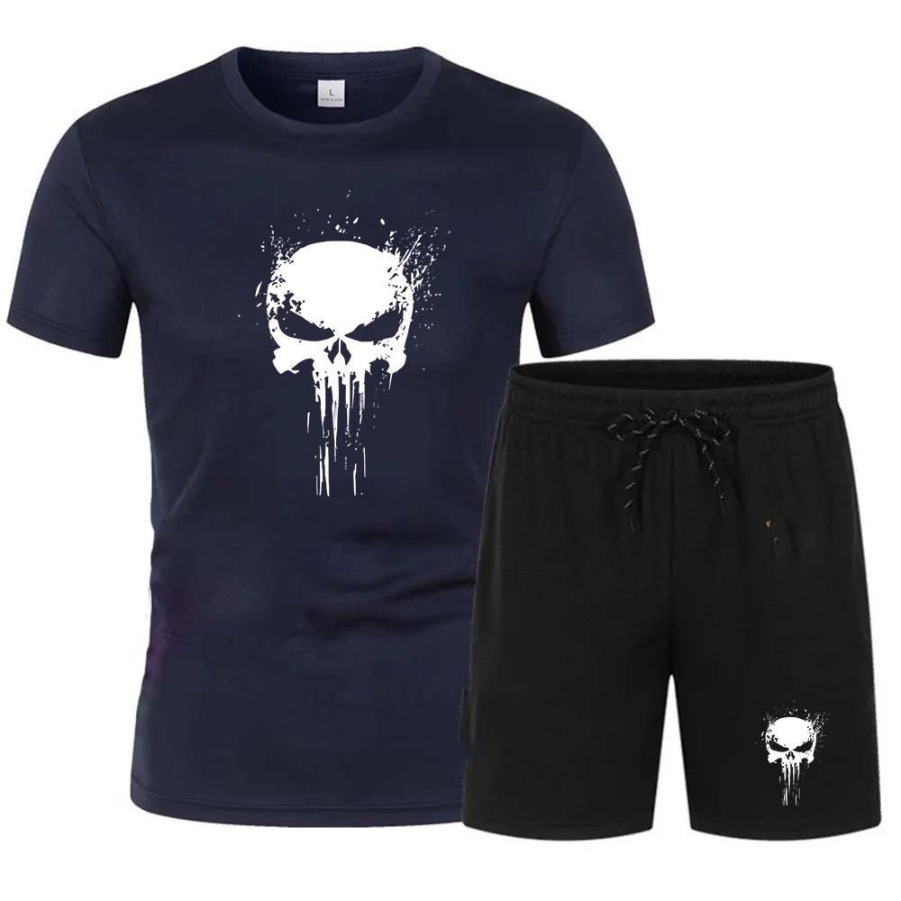 Мужская спортивная одежда с принтом черепа, футболка с короткими рукавами и шорты, комплект из двух предметов спортивной одежды для езды на велосипеде и бега трусцой.