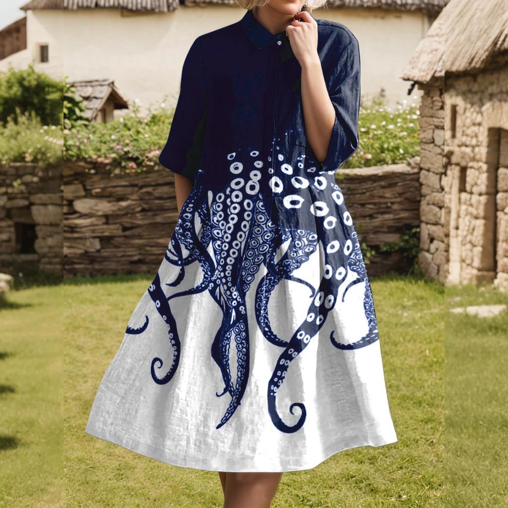 Dress For Women Elegant Casual Smocked Button Lapel Short Sleeve Knee Length Dress