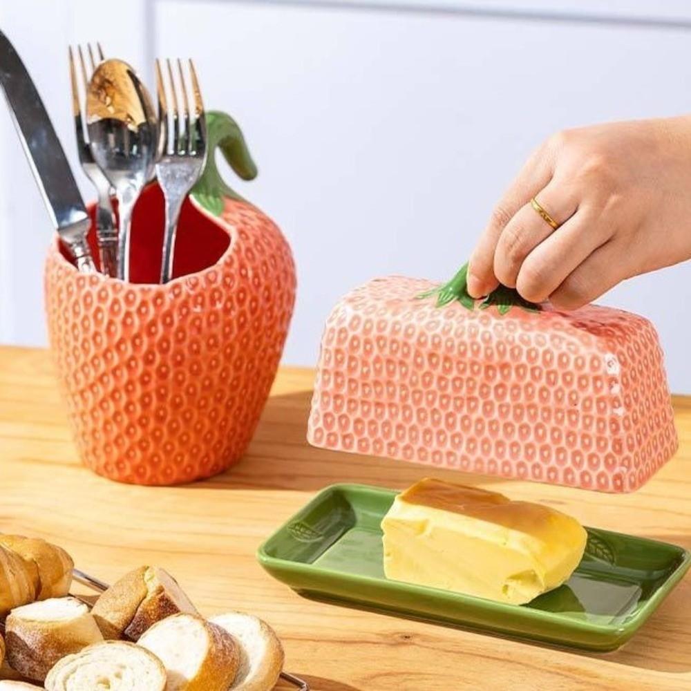 Strawberry Shape Butter Freshness Jar Ceramic Chopstick Tube Butter Box Butter Dish Restaurant