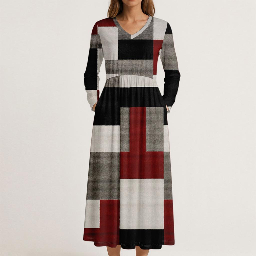 Платье для женщин длинное бохо пляжное платье элегантное макси-платье V-образный вырез длинный рукав платье с карманами