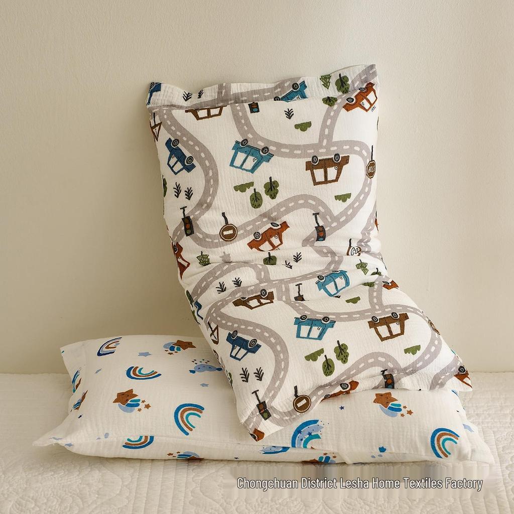Class A Cartoon Crinkle Gauze Pillowcase Set - 100% Cotton for Kids, 2-Piece Set