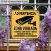 Алюминиевая табличка "Advertencia Zona Vigilada" (Предупреждение: Зона под наблюдением) на испанском языке, табличка с предупреждением о круглосуточной охране видеонаблюдением для дома и бизнеса