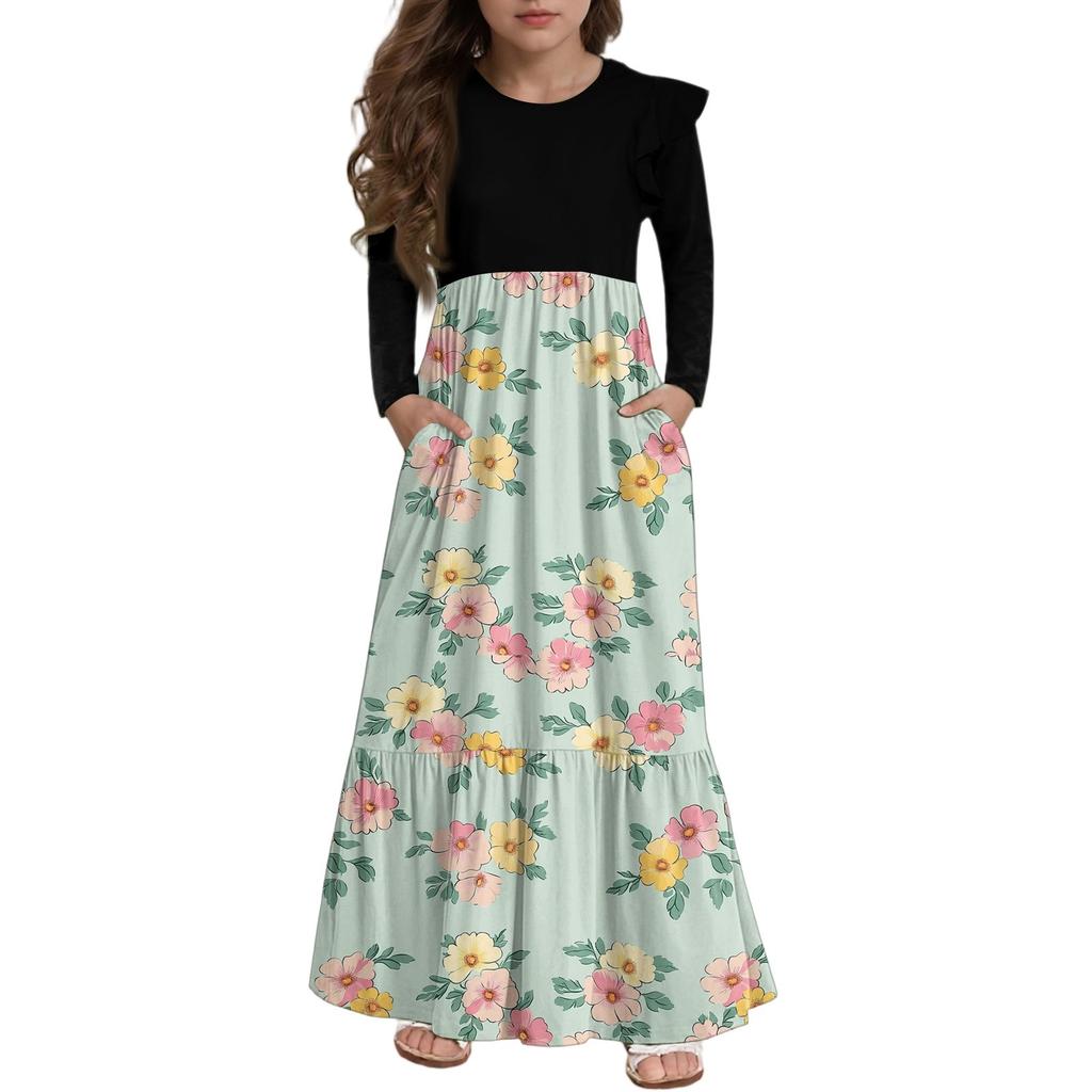 Girls' Tiered Ruffle Dress - Long Sleeve Printed Maxi With Pockets