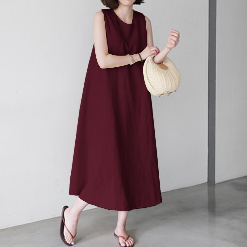 ZANZEA Женское повседневное повседневное однотонное платье без рукавов с круглым вырезом