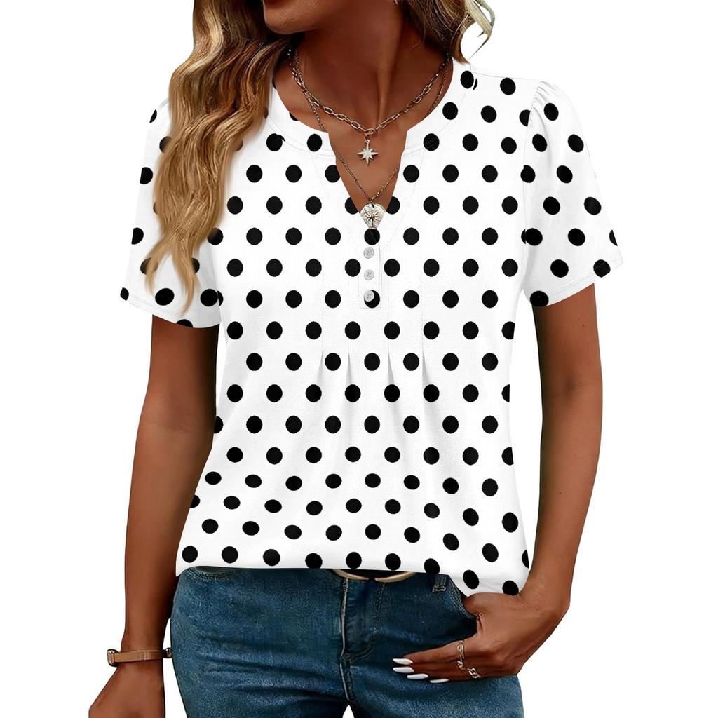 Женские Топы Элегантные Повседневные Рубашки с V-образным вырезом и коротким рукавом Плиссированные Блузки Туника на пуговицах