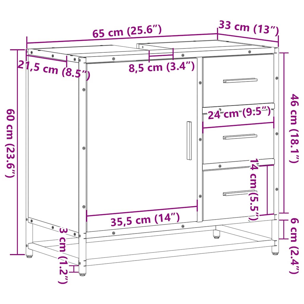 Bathroom Vanity Unit Smoked Oak Finish 65 x 33 x 60 cm Particleboard