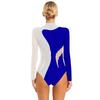 Womens Color Block Patchwork Leotard Sparkle Rhinestone Sheer Mesh Long Sleeve Bodysuit Gymnastics Acrobatics Dancewear