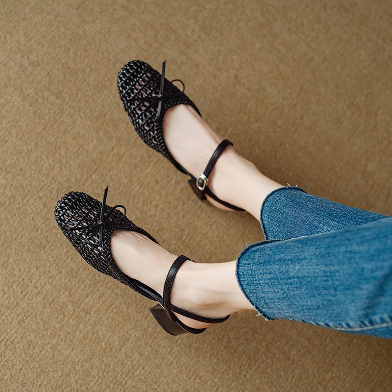 Krazing Pot Микрофибра Плетение Летний Размер 41 Средний Каблук Слингбэк Вечерние Туфли Женские Квадратный Носок Бант Гладиаторские С Вырезами Лодочки