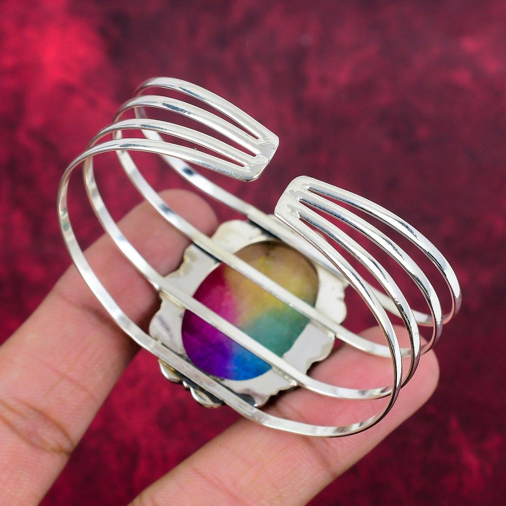 Радужный солнечный кварцевый браслет, 925 пробы сплошной браслет из стерлингового серебра с драгоценными камнями, браслет ручной работы для свадебного подарка