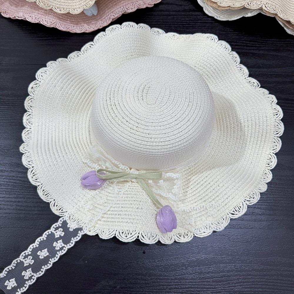Korean Style Lace Tulip Sun Hat Wide Brim Bow Sunscreen Hat Simple Straw Woven Hat Beach