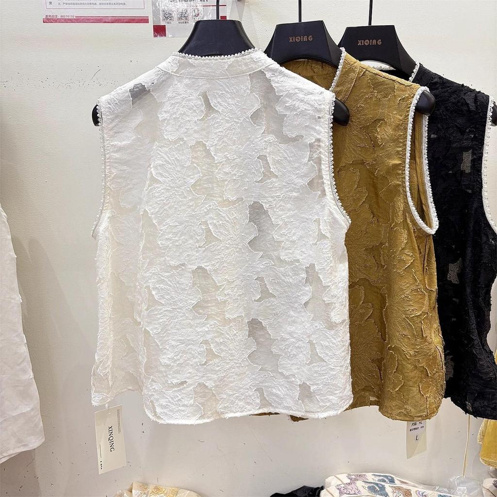 Белый жилет жилет жилет жилет тонкий дышащий жилет женский 2025 лето универсальный воротник-стойка бусины