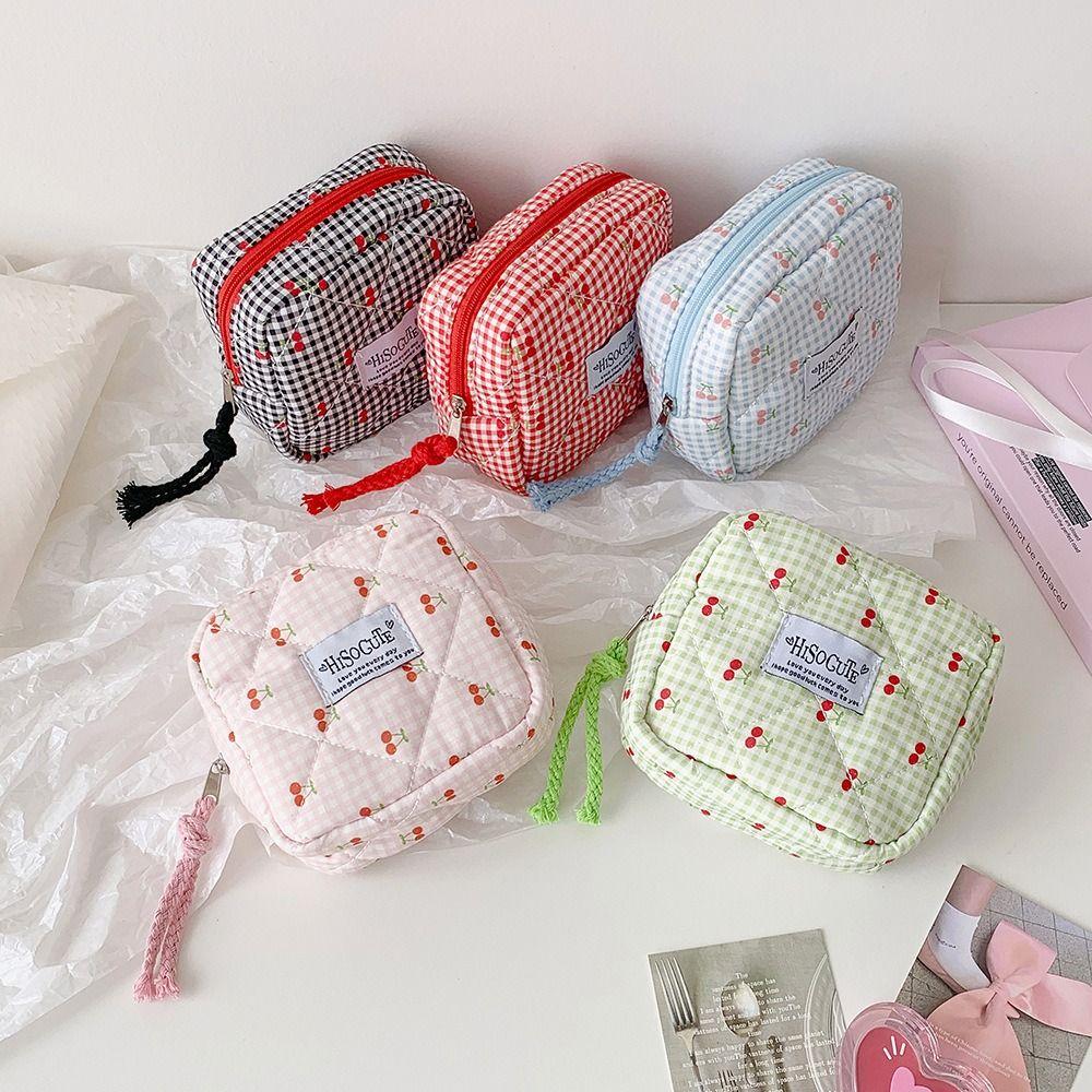 Милая квадратная сумка для хранения гигиенических прокладок, большая вместимость, многофункциональная, мини-кошелек, портативный, с вишневым принтом, косметичка