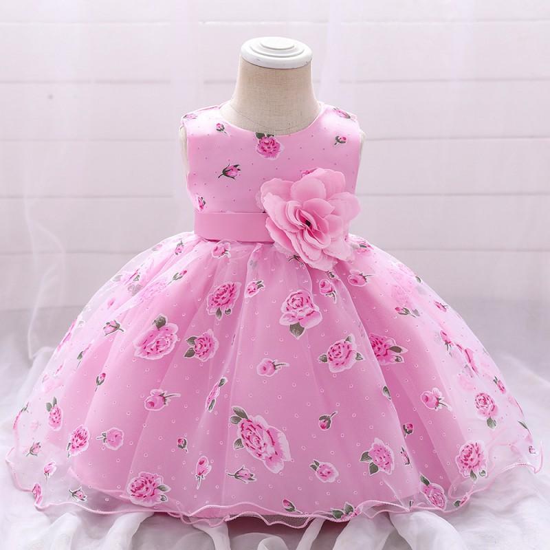 Baby Girl Princess Dress Pink Tulle Printed Gown 1-3 Years Old Kids Party Wear