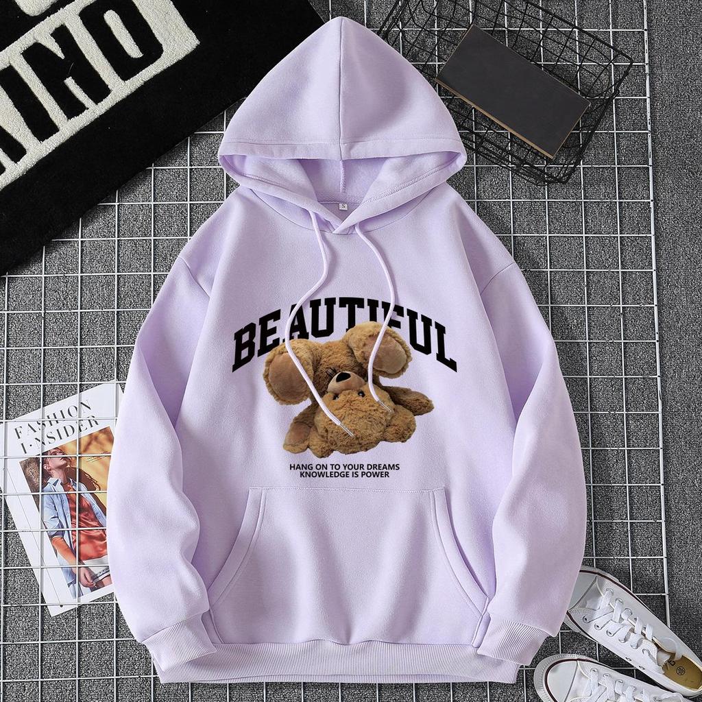Women's Fleece-Lined Hoodie - Thick, Printed, Loose Pullover for Spring and Autumn