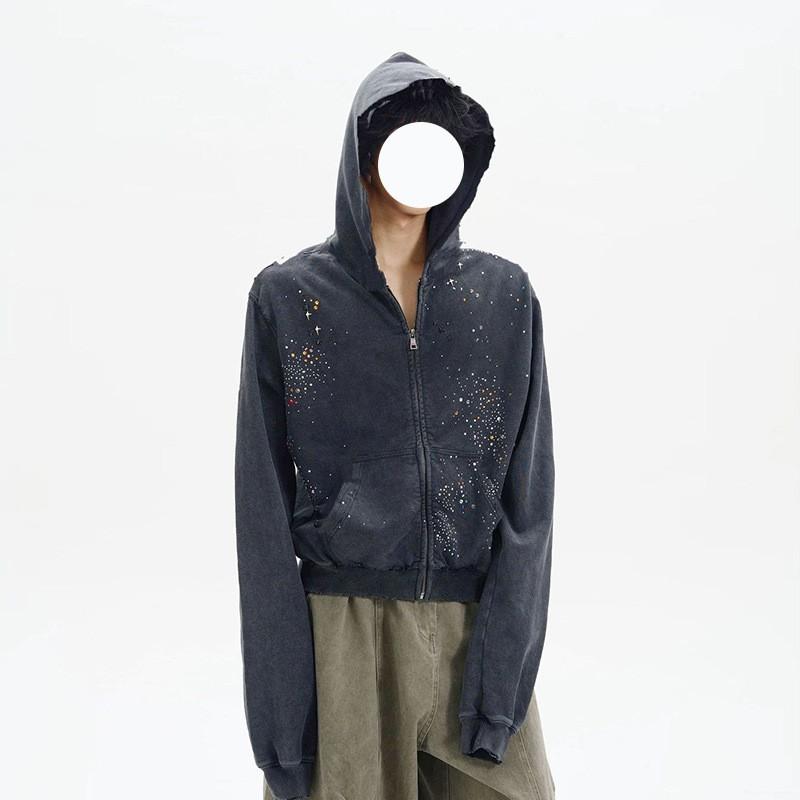 Men Women Full Zip Hooded Sweatshirt Washed Vintage Rhinestone Embellished Loose Fit