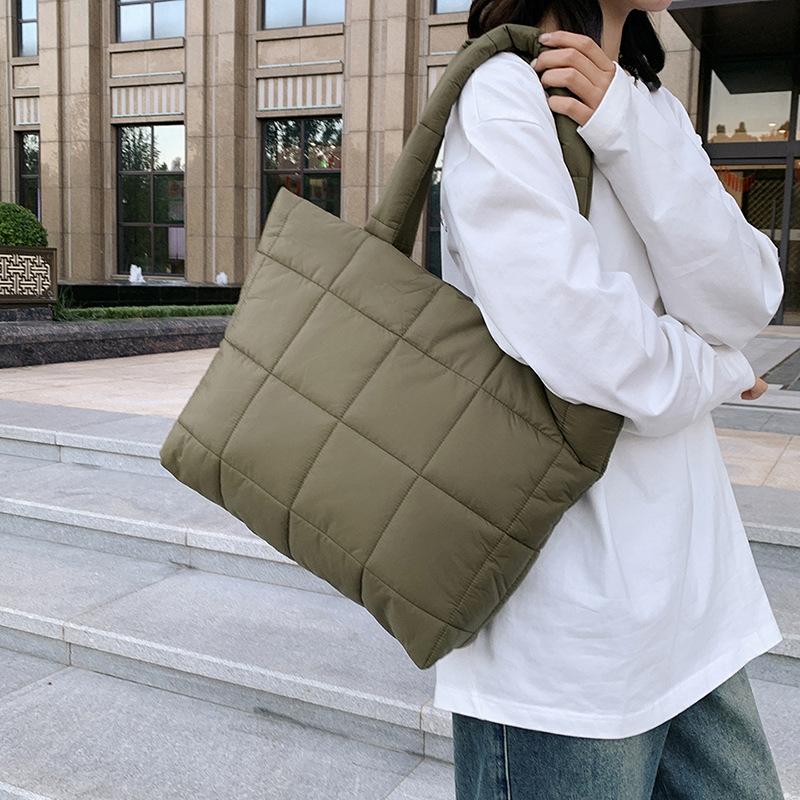 Simple Cotton Clothes Down Bag 2025 New Sewing Line Plaid Bag Fashionable Plain Board Large Capacity Tote Shoulder Bag