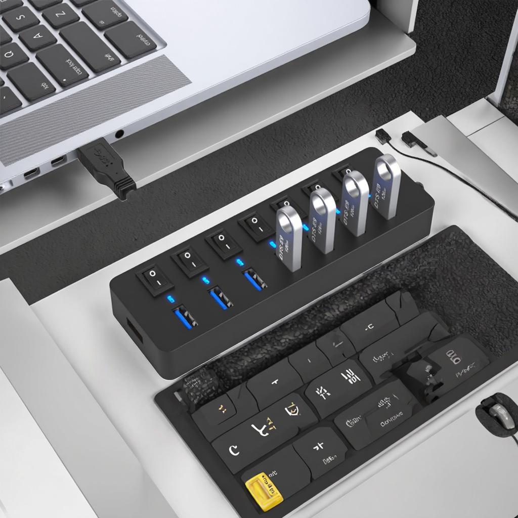 USB Hub 3.0 5Gbps Data Transfer 7 Ports 12W Charging 5V/3A Power Adapter 4Ft Long Cable Individual Switches in Stock