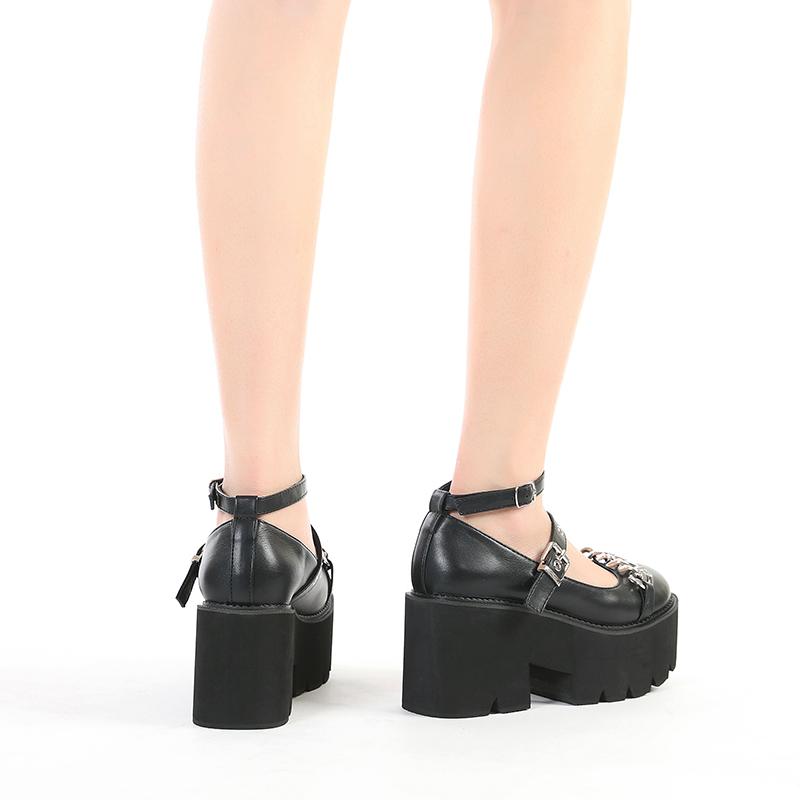 Lolita Shoes Mary Jane Round Toe Chunky Heels Platform Pumps for Women with Chain Plus Size Casual Footwear Comfortable