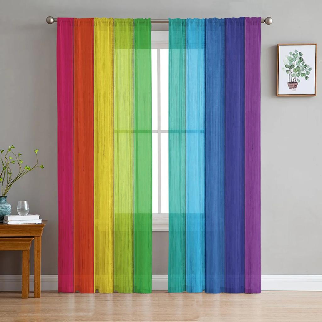 Rainbow Geometric Stripes Tulle Curtains For Living Room Kitchen Decoration Chiffon Window Treatments Voile Sheer Curtain
