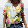 Женская футболка 3D с V-образным вырезом, с цветочным принтом, одежда оверсайз, блузка с коротким рукавом, мода Харадзюку, летняя женская красивая