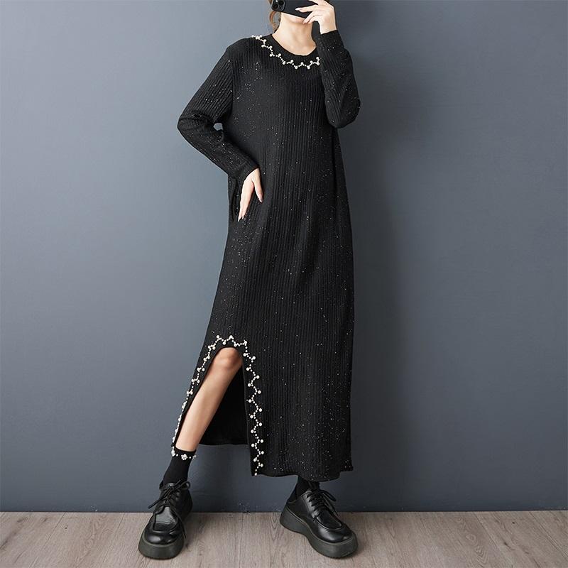 Черное вязаное винтажное платье большого размера с длинным рукавом новое в платьях для женщин повседневное свободное весенне-осенне-зимнее платье