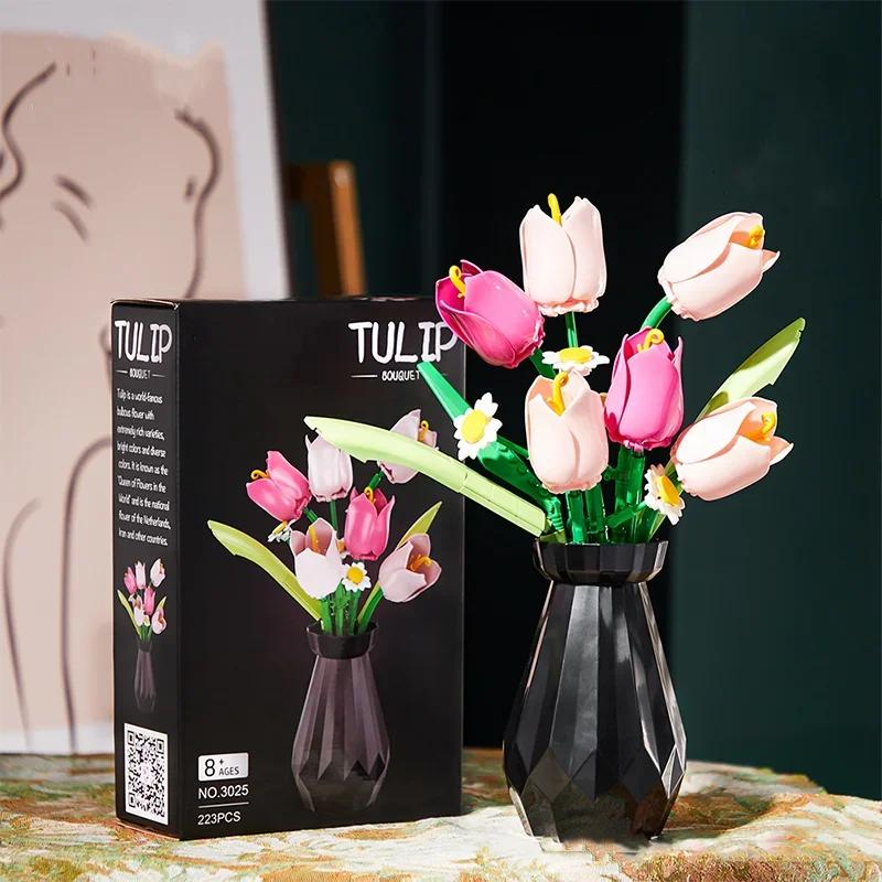 Rose Tulips Flower Model Building Blocks Set 3D Bouquet Bricks DIY Kids Toys Home Decoration Adult For Girls Holiday Day Gifts