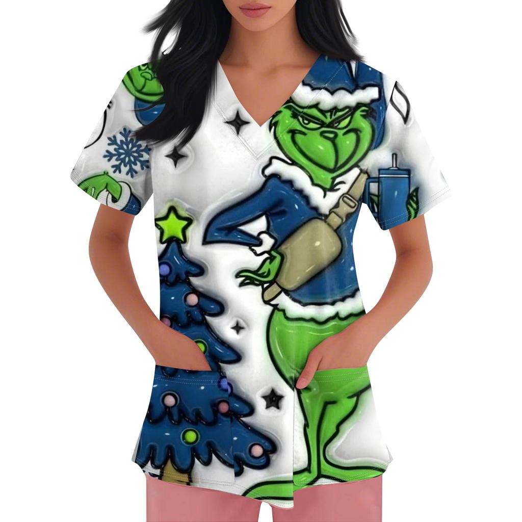 Women's Fashion Printed Short Sleeve V Neck Pattern Tops Pocket Working T-shirts