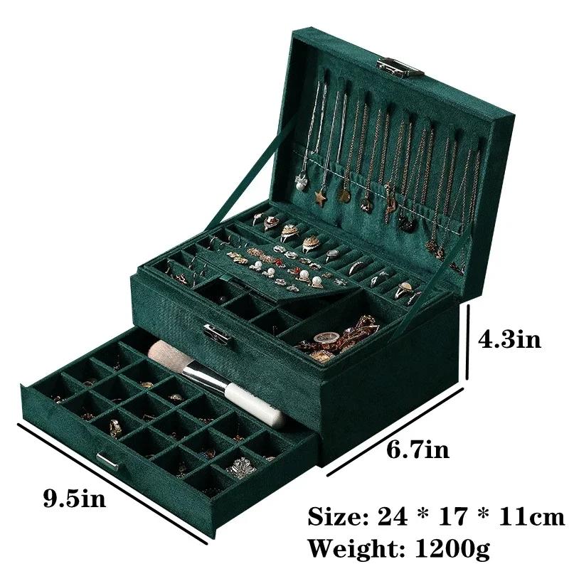 New 3-layers Green Velvet Jewelry Organizer Large Capacity Ring Necklace Makeup Holder Cases  Jewelry Box  for Women with Lock