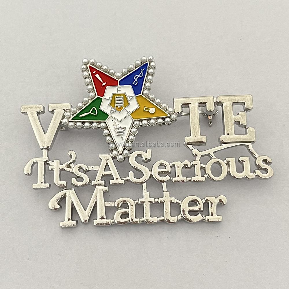 Brooch Order of the Eastern Star  VOTE Letter Collection Green Red Blue Enamel Pearl Lapel Pin OES Brooches Jewelry