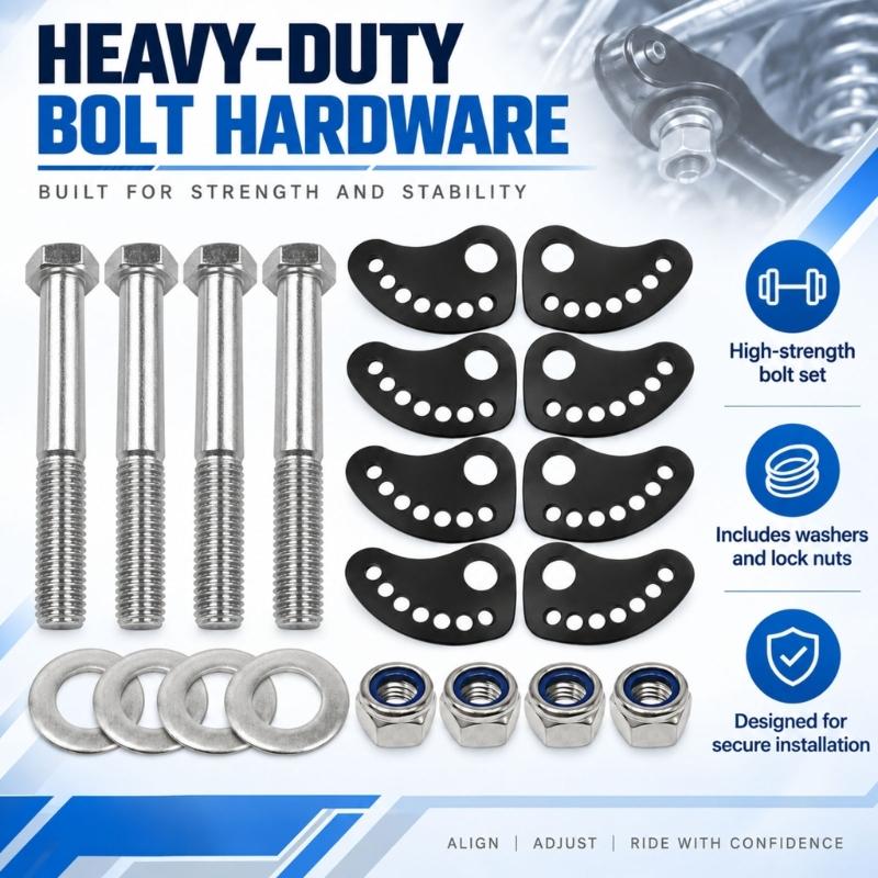 Cambers Lock Lock Plate and Bolt Kit with Adjustments at 0.5 Degrees, Curved Perforated Plates, and Iron Hardware for Suspension Service