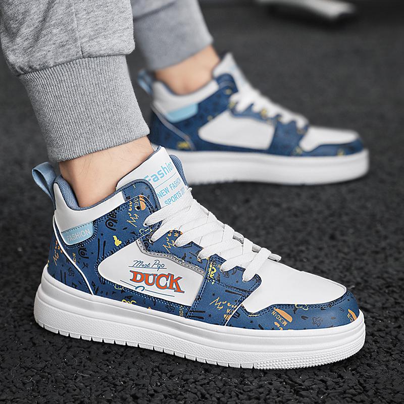 Fashion Blue Cartoon Skateboard Shoes Men Kids High Top Skate Sneakers Men Casual Platform Leather Trainer Anime Sneakers Male