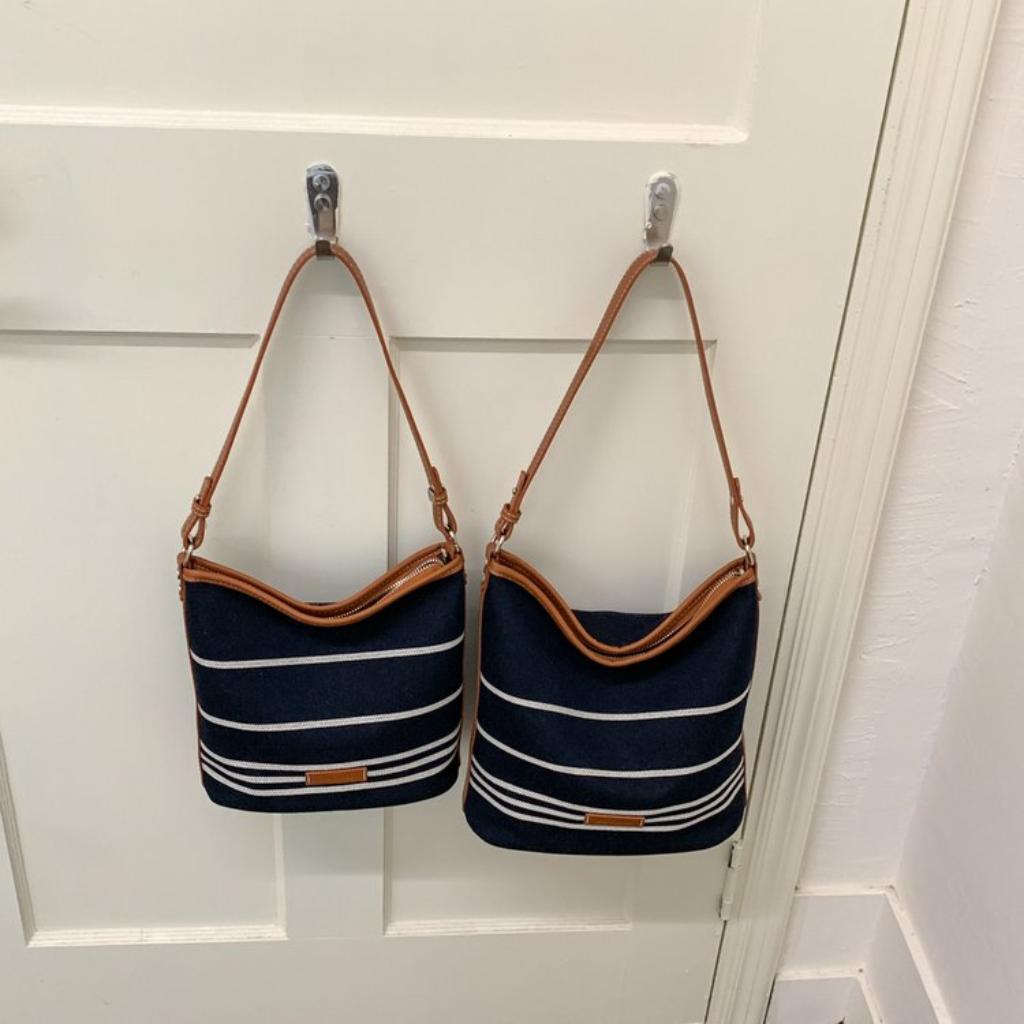 Shoulder Bag Women CanvasStriped Design Adjustable Strap Daily Commute