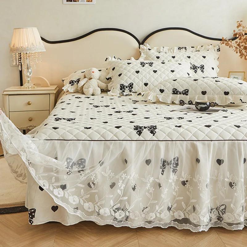 Хлопковое двойное кружевное покрывало для спальни с цветочным принтом, корейское нескользящее пылезащитное покрывало, студенческое постельное белье, одинарный двойной наматрасник, защита