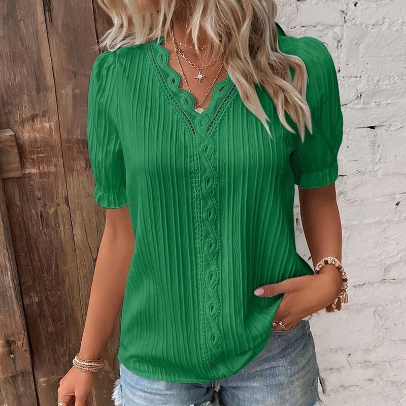 Летняя мода в вертикальную полоску, кружевная рубашка с v-образным вырезом, повседневная пышная блузка с коротким рукавом, женская элегантная верхняя одежда, милые блузки 27878
