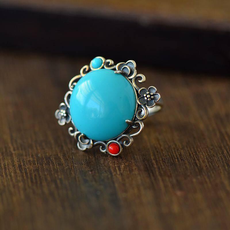 Adjustable Copper Ring With Turquoise Red Agate Floral Design Vintage Bohemian Style Women Men