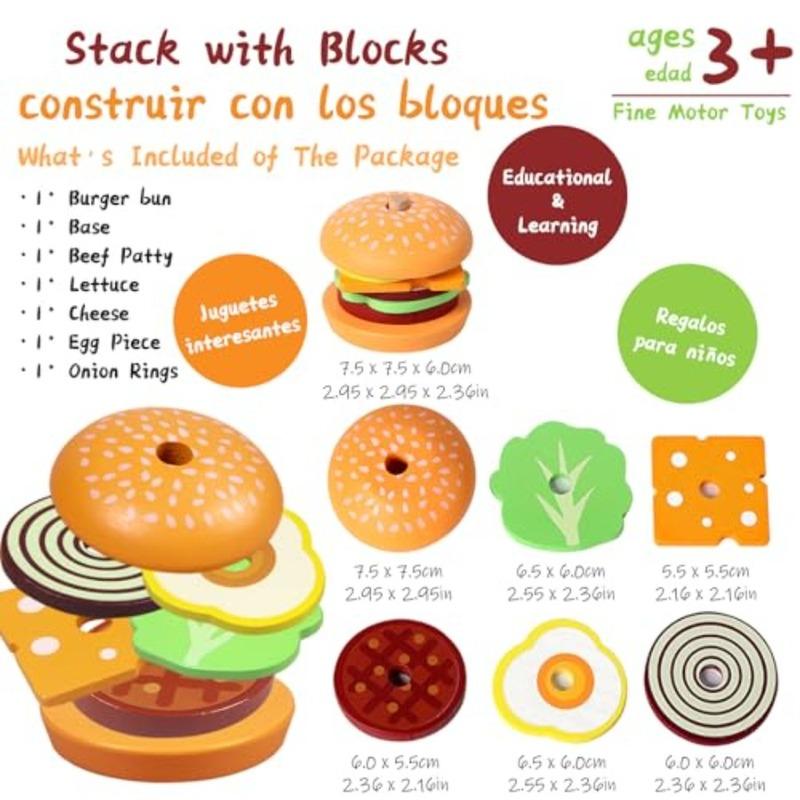 Montessori Toys Wooden Burger Stacking Toys for Toddler Educational Fine Motor Skills Foods Preschool Learning Blocks Gifts Boy