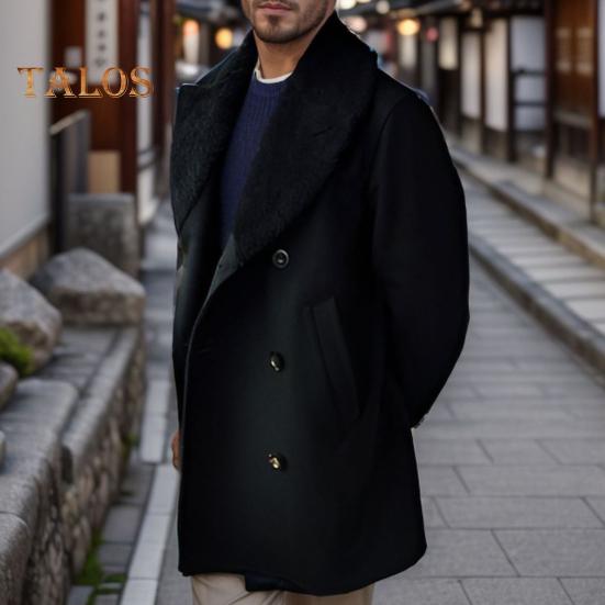 Мужское шерстяное пальто с лацканами, длинный рукав, двубортная куртка, пальто с плюшевыми краями, однотонные карманы, зимнее пальто