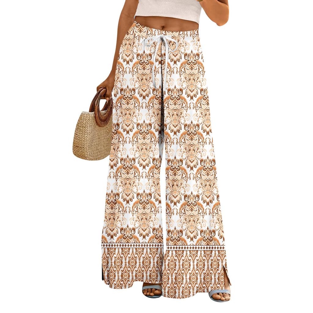 Women Summer Boho Palazzo Pants High Waist Wide Leg Floral Printing Casual Trousers With Pockets