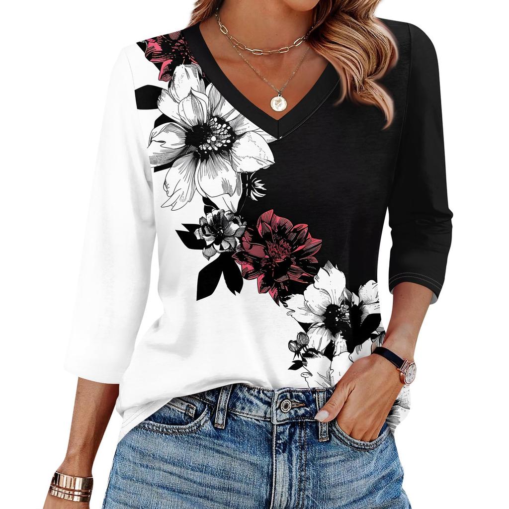 Женская футболка с принтом, рукав 3/4, повседневная мода на выходные, базовый топ с V-образным вырезом