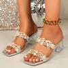 Шлепанцы на высоком каблуке женские летние новые жемчужные прозрачные ремешки через слово толстый каблук большой размер квадратный носок сандалии