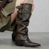 Мода НОВЫЕ Осенние Женские Сапоги Острый Носок Массивный Каблук Обувь Натуральная Кожа Обувь для Женщин Панк Сапоги до Колена Пряжка Ремня Сапоги для Верховой Езды