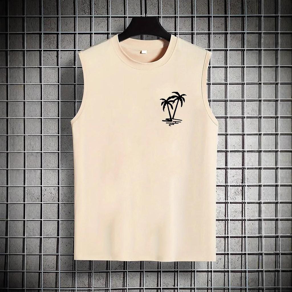 Летний мужской повседневный жилет с принтом пальмы Повседневная мода Спорт Фитнес Пляжный мужской хлопковый жилет без рукавов