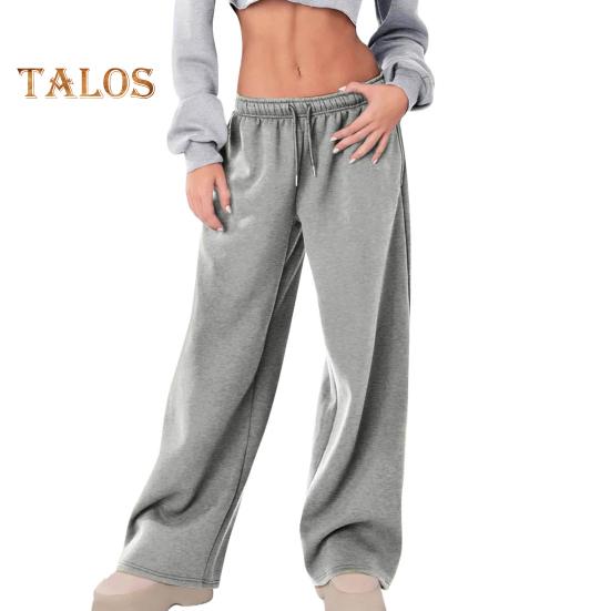 Женские спортивные брюки средней посадки с эластичной резинкой на талии, регулируемые длинные брюки с завязками, однотонные широкие брюки на бархатной подкладке для осени и зимы