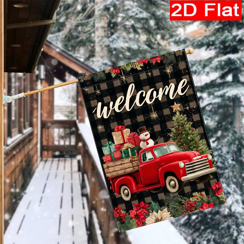 Gd-Dq09050076-1pc Truck Christmas Buffalo Check Welcome Garden Flag_4 (2)- Outdoor Flag, Double-Sided Home Decor for Courtyard And Lawn, Outdoor Decor