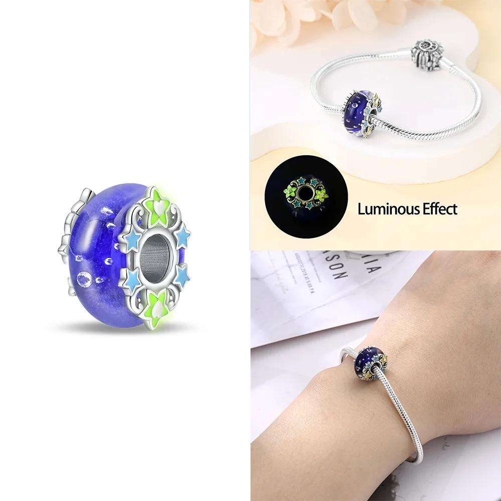 925 Silver Bracelet Women DIY Gift Murano Jewelry with Flower Blue Star Green Turtle Glass Beads